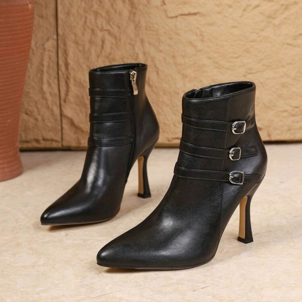 Women's Sexy Fashion Belt Buckle Pointed Toe Stiletto Heel Casual Versatile Side - Picture 4 of 5